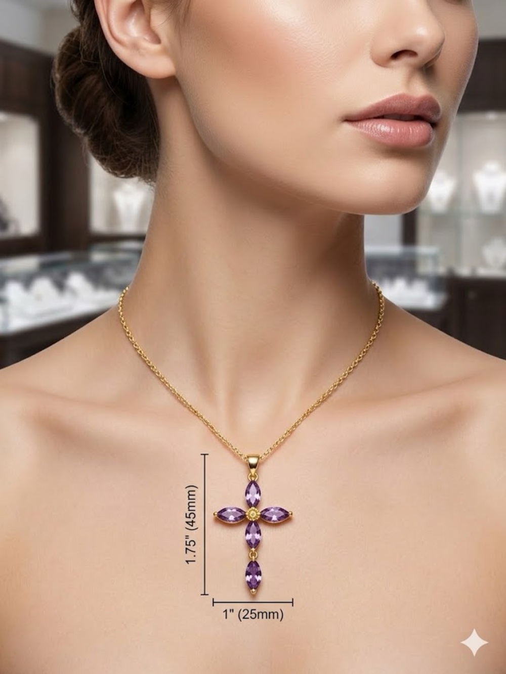 New Gold Cross Pendant Necklace with Purple Gemstones - Women Jewelry